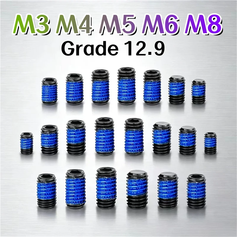 Black Grade 12.9 M3 M4 M5 M6 M8 Alloy Steel Hexagon Socket Grub Blue Dispensing Anti-Loosening Screw Flat Hex Socket Set Screws