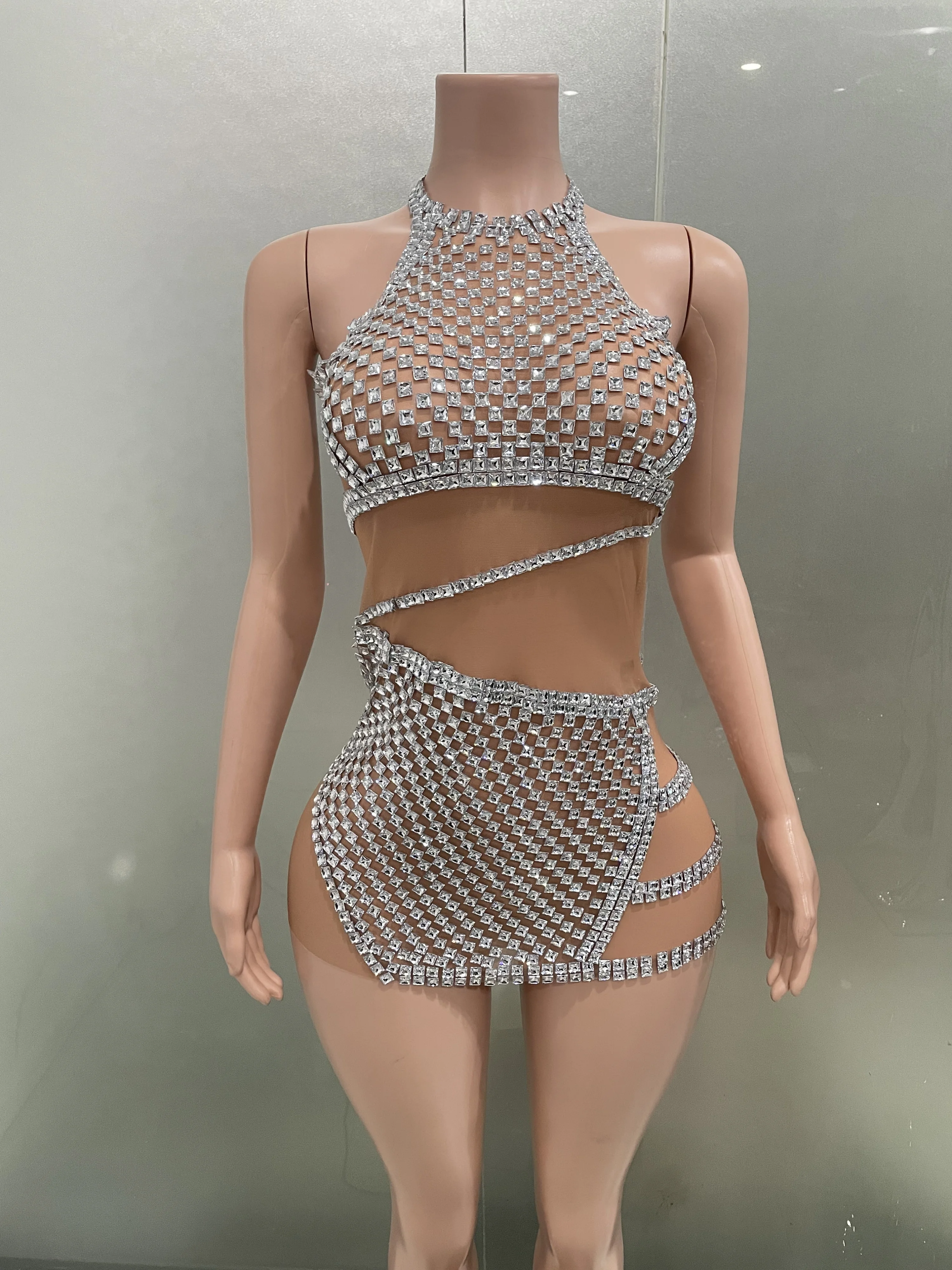 Women Luxury Sparkly Rhinestone Sleeveless See Through Bodycon Mini Dresses Sexy Prom Club Nightclub Party Performance Costume