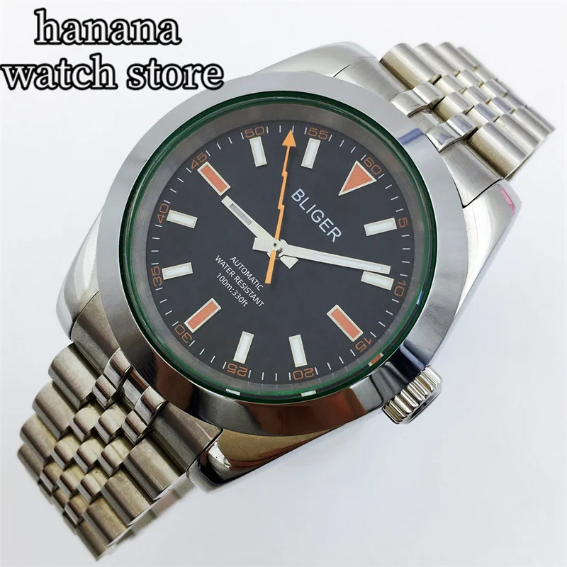 BLIGER 39mm MILGAUSS Polished Men\'s Watch with Green sapphire glass black dial Lightning Hand nh35 Sport