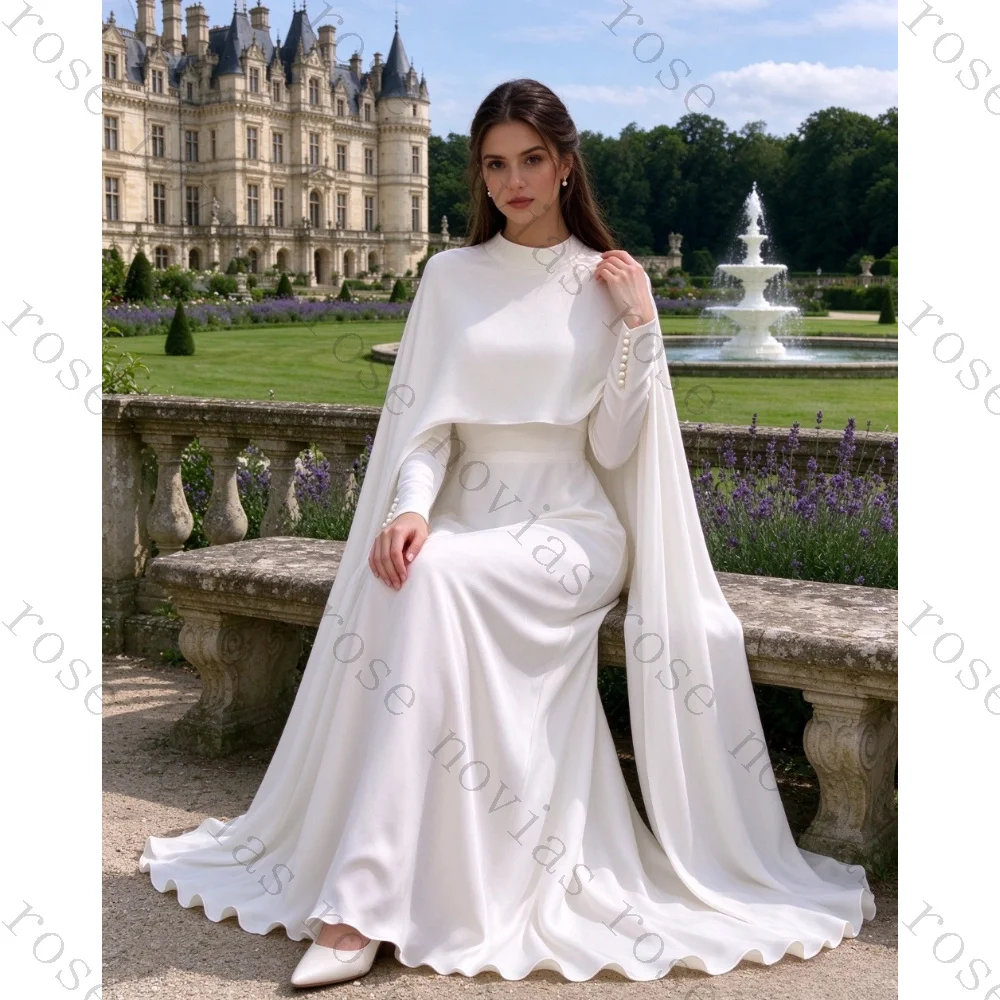 Customized Satin Angled Pleated A-line Wedding Dresses 2026 New Dignified High Neck Cape Mermaid Bride Gown Suitable for Church