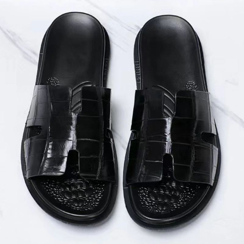 Crocodile Skin Sandals for Men Europe/American Summer Style Wear-resistant and Anti Slip Thick Sole Slippers Beach Leather Shoes