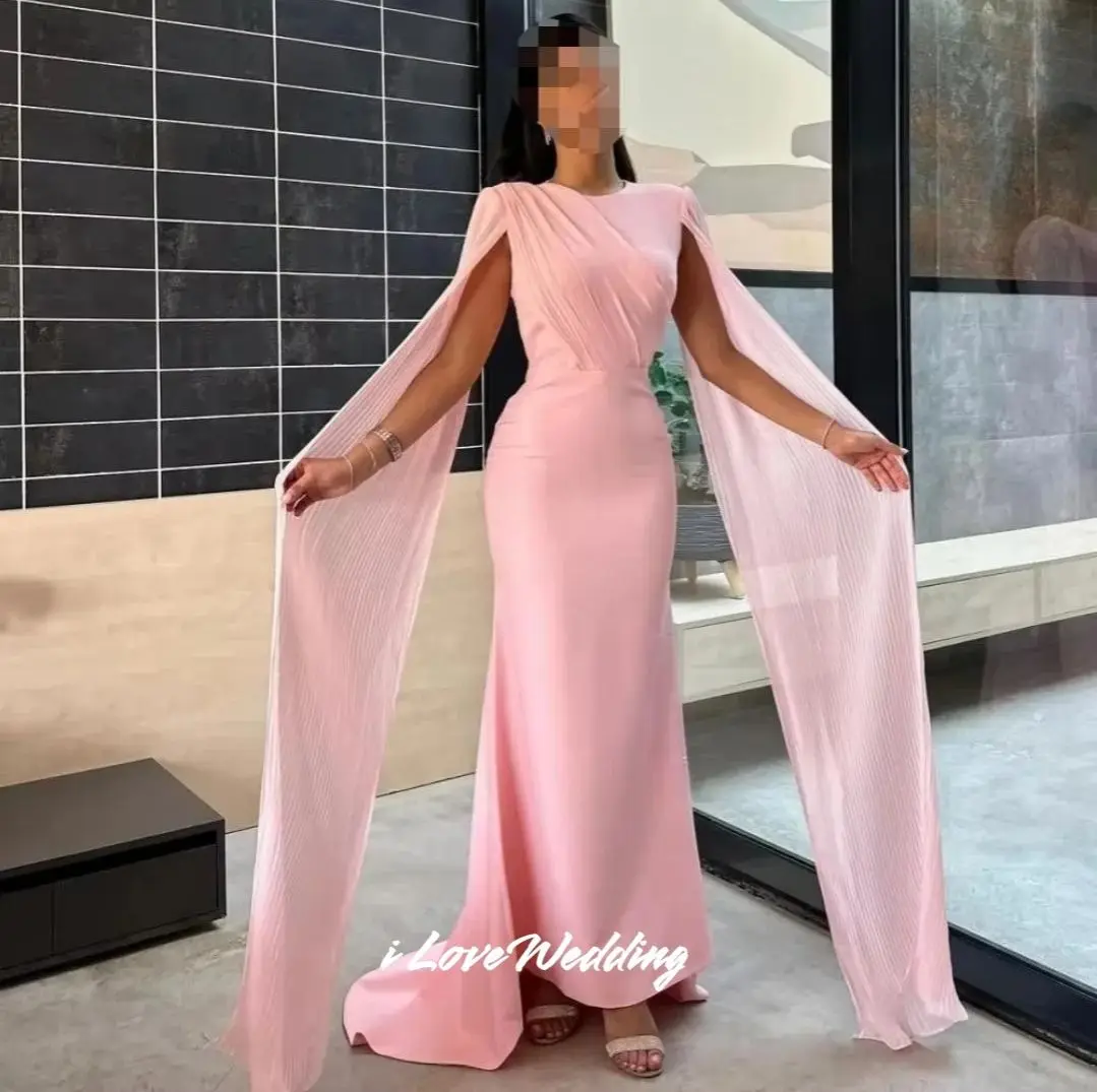 Pink O-Neck Evening Dresses Shawl Sleeveless Mermaid Prom Dresses Trailing Floor-Length Sleeveless Wedding Party Dress Customize
