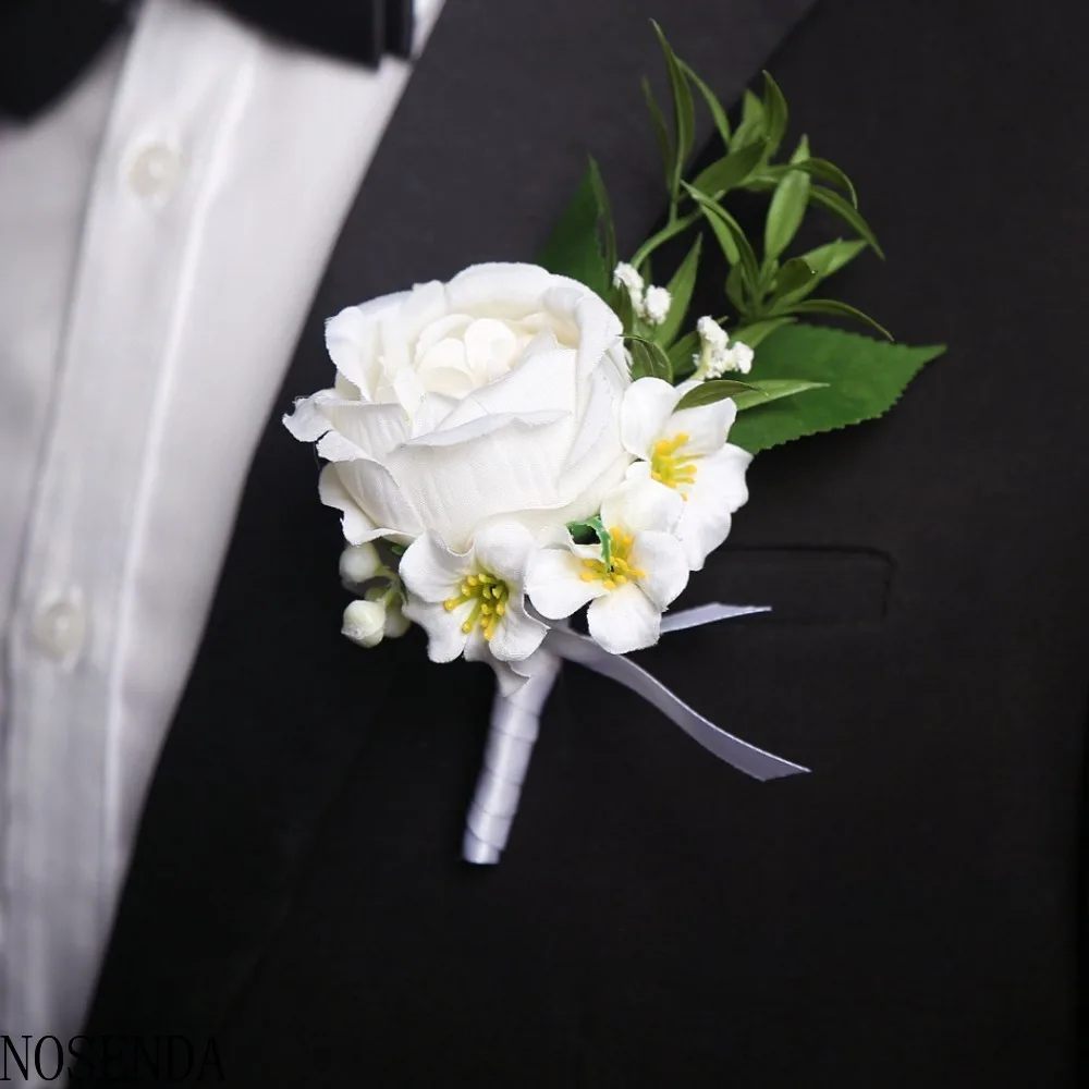 White Silk Roses Boutonniere Wedding Accessories Wrist Corsage Bracelets Bridesmaids Artificial Flowers Buttonhole for Groom