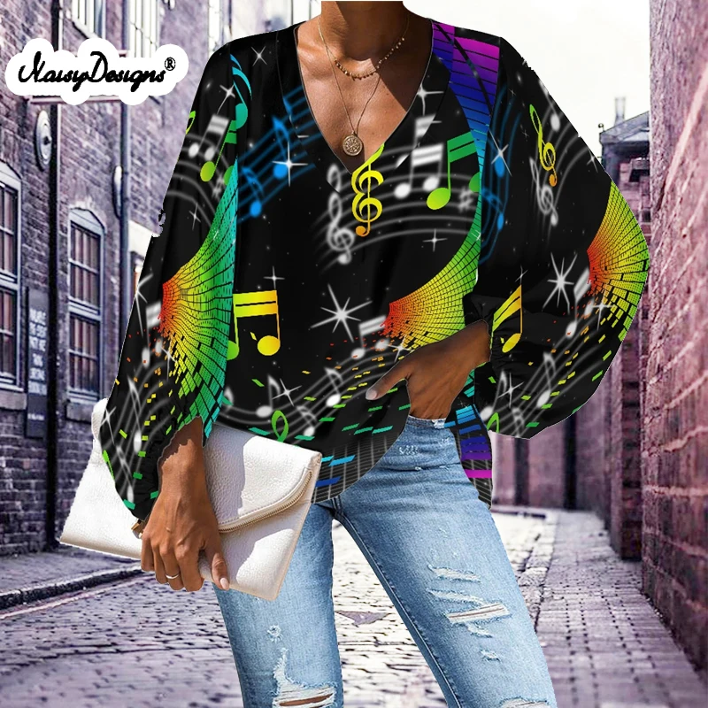 

Noisydesigns Colorful Music Note Blouses For Women Casual 2022 Youth Ladies Daily Club Chiffon Autumn Long Sleeve Dropshipping