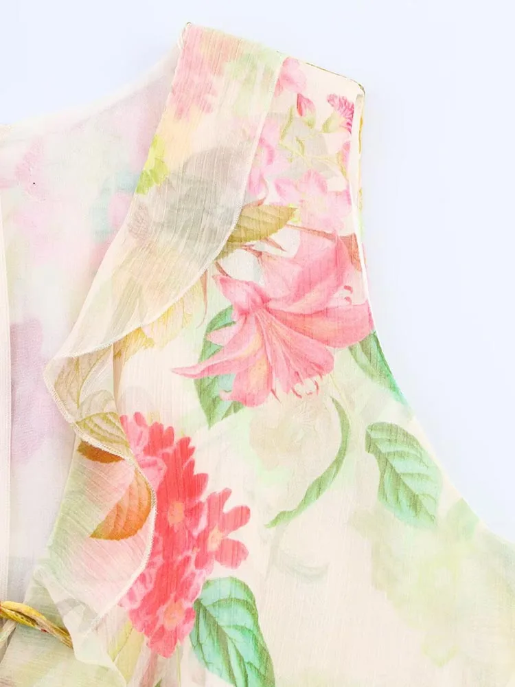 2025 Women Summer MIDI Tank Dress Fashion V-Neck Ruffles Hollow Out Chiffon Female Elegant Street Thin Dresses Clothing