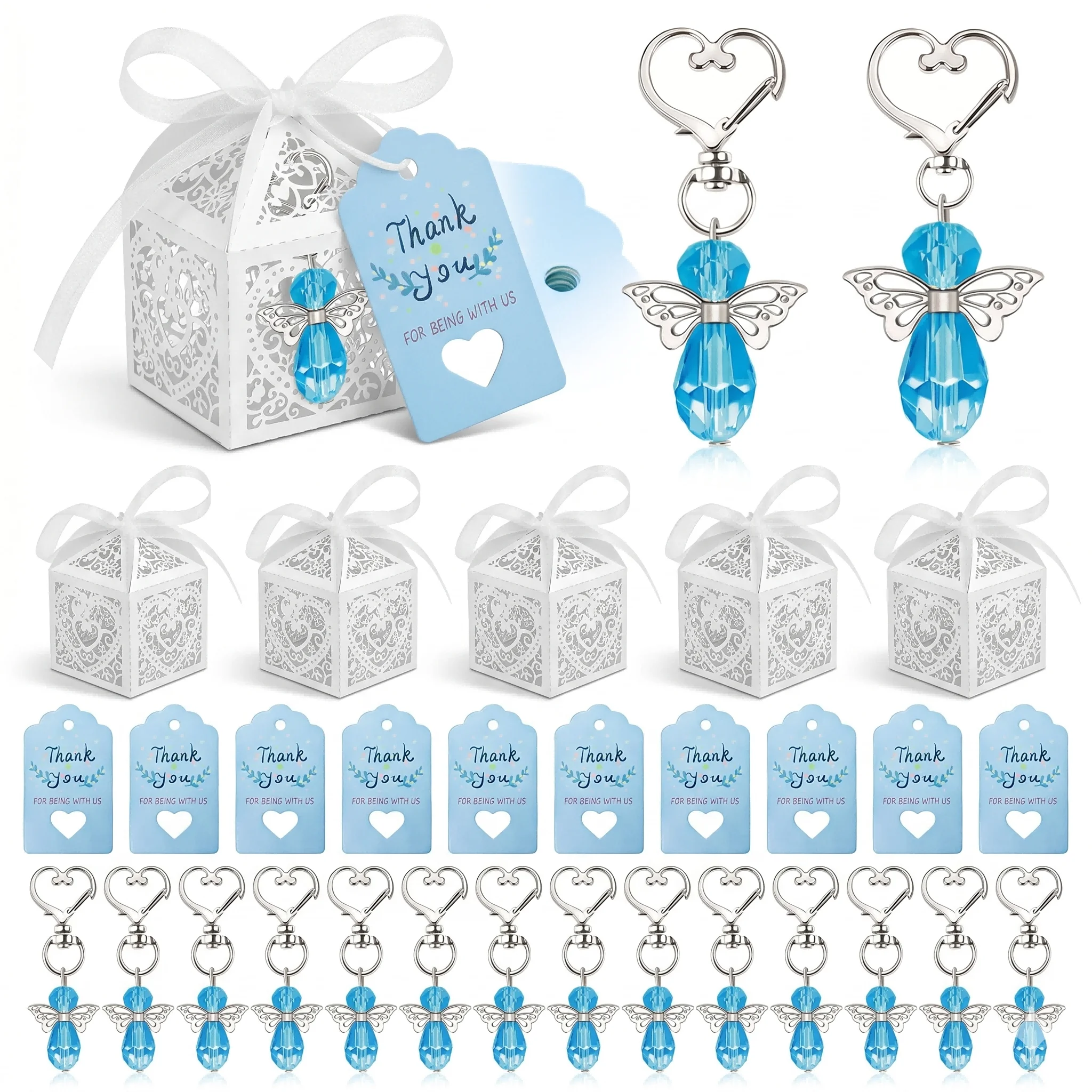 12 Sets Blue Crystal Angel Keychain Favors, Baptism & Baby Shower Party Gifts with Laser Cut Boxes, Thank You Tags and Organza B