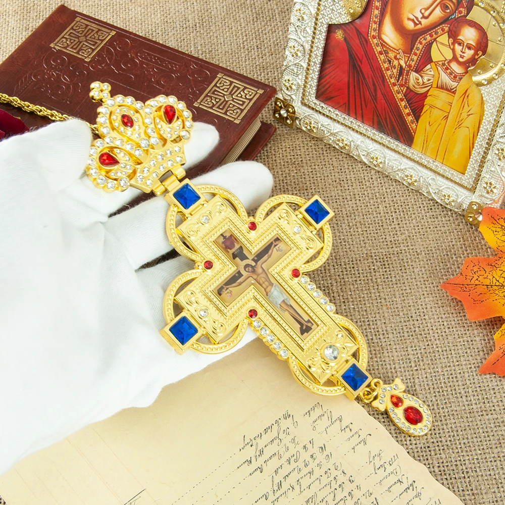 HTISOK Orthodoxes Christliches Kreuz-Anhänger, vergoldet mit Edelsteinen und Strasssteinen, Orthodoxes Geschenk für Pastor, Ostern, Hochzeit, Kirche – Detail 9