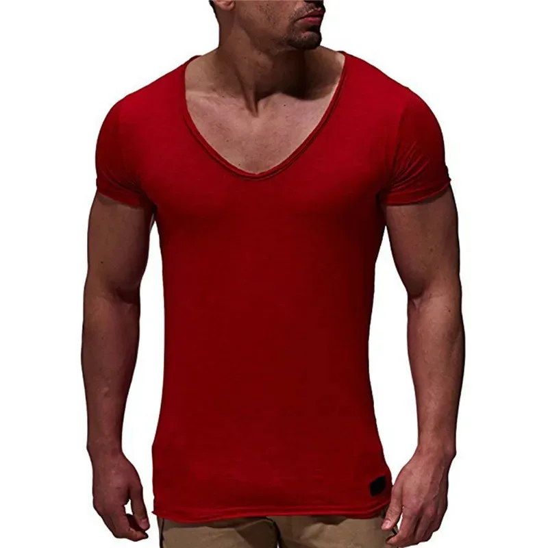 Summer Men\'s Casual Short Sleeve T-shirt Fashion Solid Color V-neck Gym Fitness Muscle Shirt Casual Joker Basic T-shirt