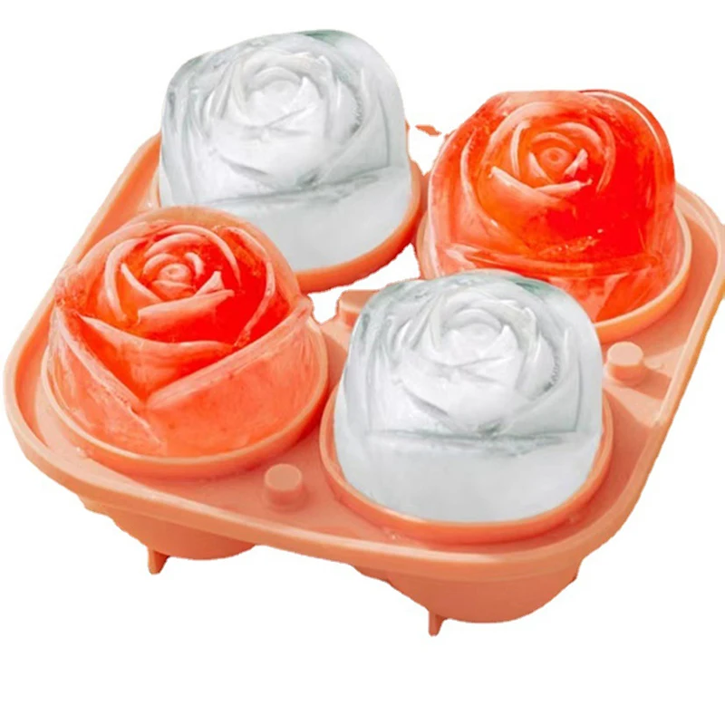 Silicone Ice Cube Mold with Lid 4 Hole Rose Flower Shape Reusable Ice Cube Tray