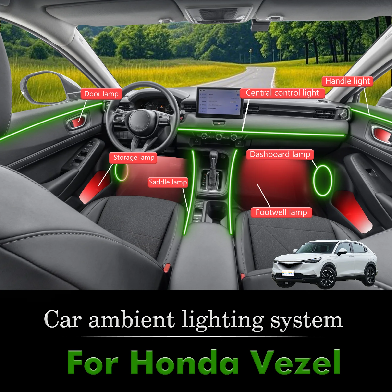 

For Honda Vezel Car Interior Mood Ambient Light RGB 64-Color LED Smart Remote Control Atmosphere Lamp Energy Saving Kit