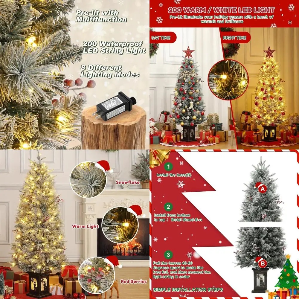 

Флокированная искусственная рождественская елка длиной 4,5 фута с наконечниками 386, 200 лампочек, сосновыми шишками, основанием снеговика