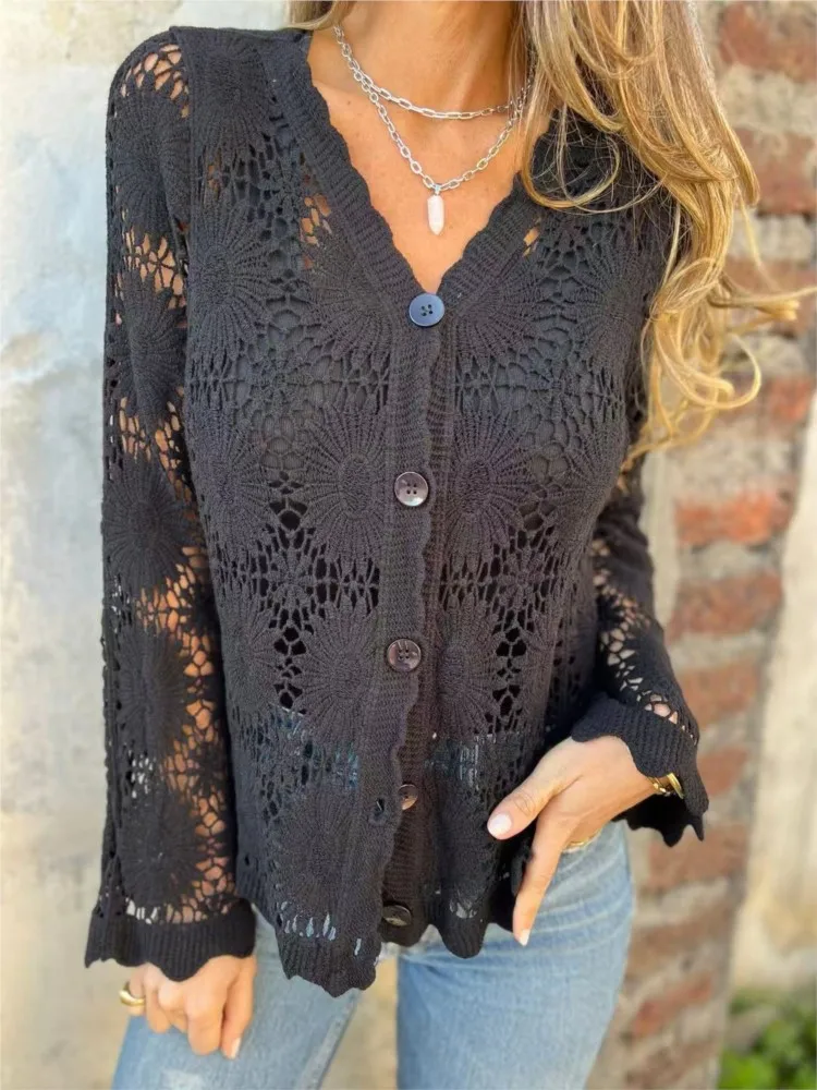 

Summer New Round Neck Solid Color Loose Sweater 2025 New Women's Lace Lace V-neck Long Sleeve Fashion Leisure Top For Women