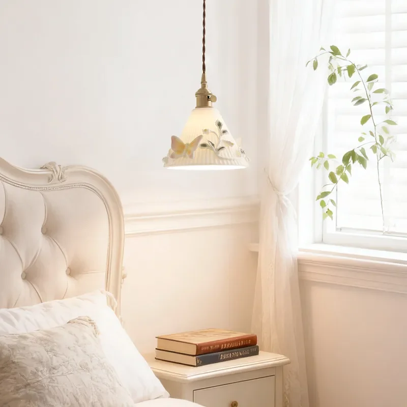Retro French Style Ceramic Butterfly Chandelier All Copper Small Pendant Light for Bedroom Bedside Living Room Entrance Aisle