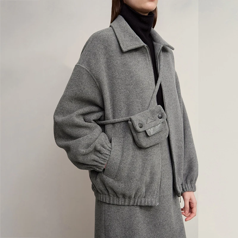 Jaket Wanita AMII 2025 Musim Dingin Minimalis Ritsleting Lengan Panjang Jaket Rok Mini Polos Elegan Longgar Pakaian Wanita 12524027