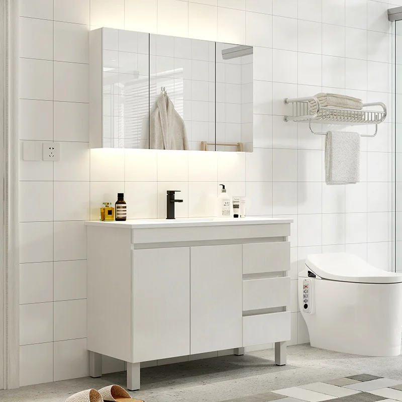 Floor-to-ceiling white bathroom cabinet combination modern simple bathroom washbasin cabinet smart mirror cabinet washbasin