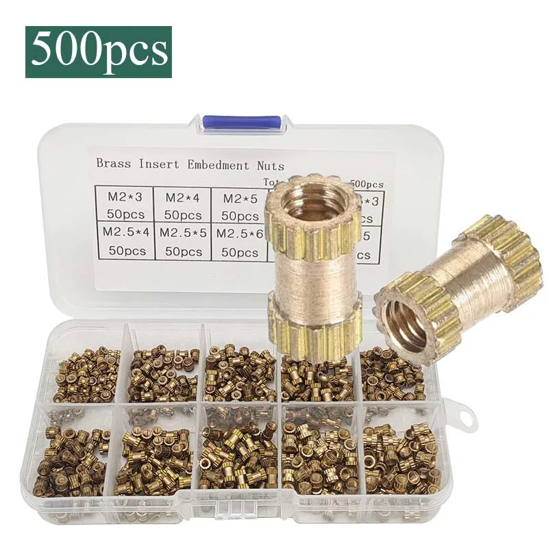 

500pcs M2 M2.5 M3 Brass Heat Set Insert Nut Hot Melt Injection Thread Knurled Double Twill Embedment Copper Nut Assortment Kit