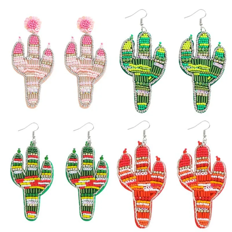 Handmade rice bead earrings, cactus summer wind, various colors, earrings set with diamonds, question mark hook design is fresh