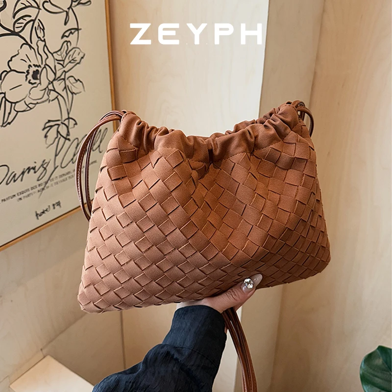 

Zeyph Woven Drawstring Faux Suede Material Matte Feel Women s Autumn Winter Tote Bag Shoulder Bag Crossbody Bag