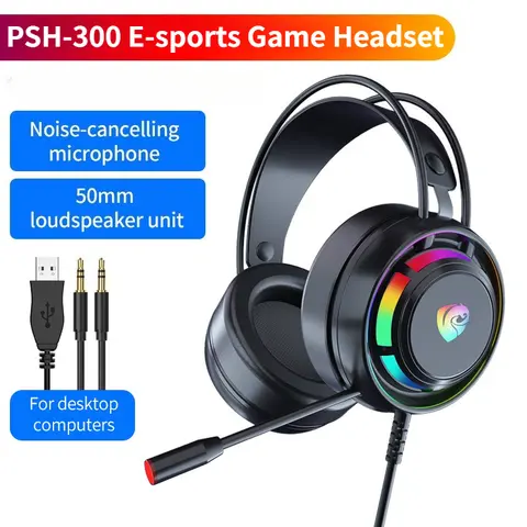 PSH-300 유선 게임용 헤드폰 7.1 채널 서라운드 사운드 베이스 오버헤드 헤드셋, 노트북 PC용 소음 차단 마이크 포함