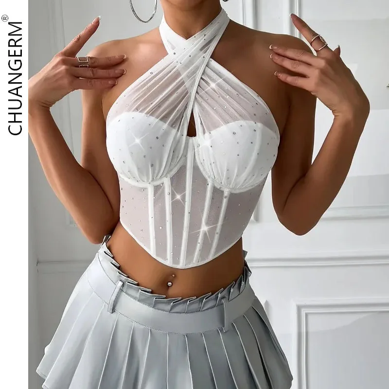 CHUANGERM-corsé Sexy con diamantes de imitación, camisola cruzada con cuello Halter, chaleco sin hombros, sin mangas, Espalda descubierta, Tops de vendaje