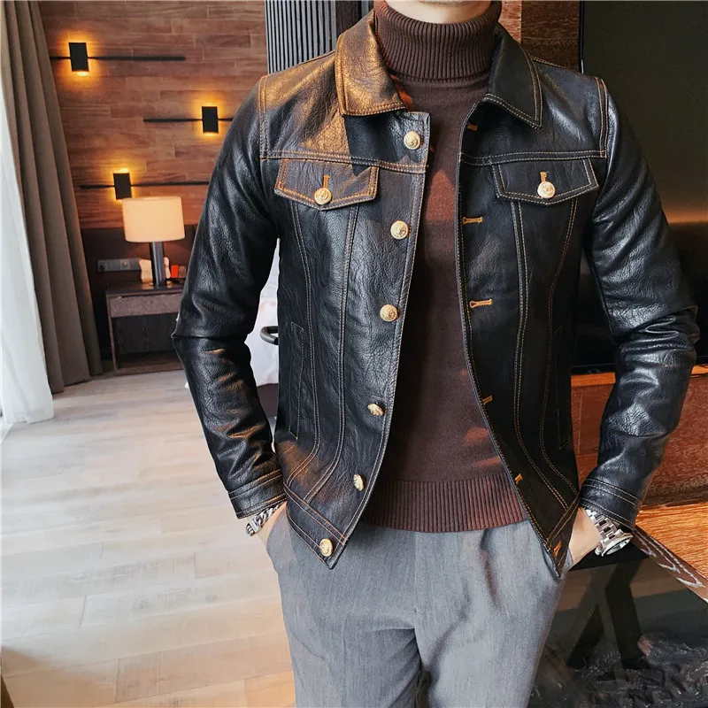 2024 Autumn New Oblique Zipper Leather Jacket Men Slim Fit Lapel Pu Leather Coat Streetwear Motorcycle Riding Uniform 3XL-M