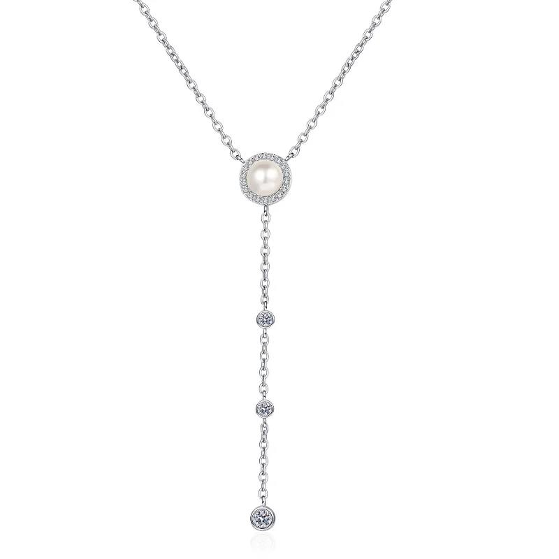 

S925 Pure Silver Moissanite Natural 8mm Pearl Neckchain Sweater Chain Pendant for Women