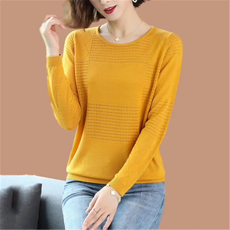 2024 New Simple Spring and Autumn Solid Color Women\'s Round Neck Hollow Fashion Commute Long Sleeved Loose Sweater Knitted Tops