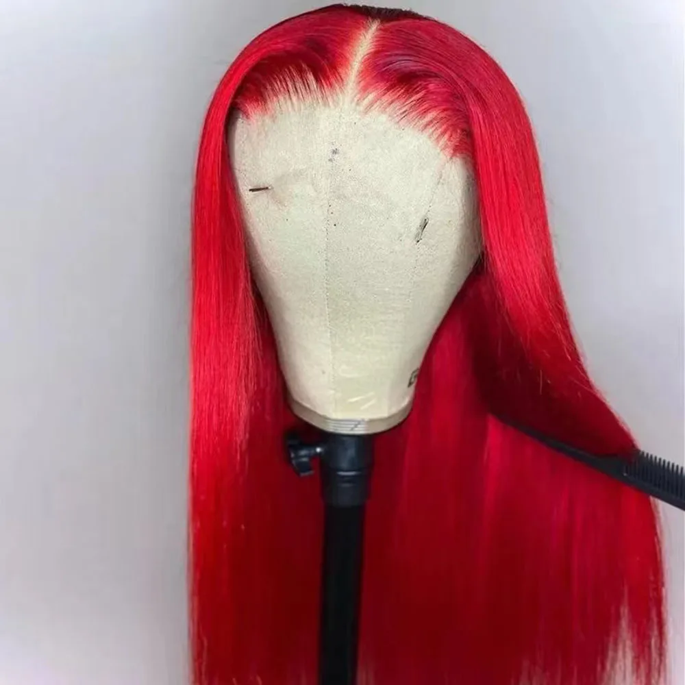 WIF Peluca de encaje de pelo largo y liso, pelo sintético resistente al calor, Color rojo brillante, ideal para maquillaje de fiesta