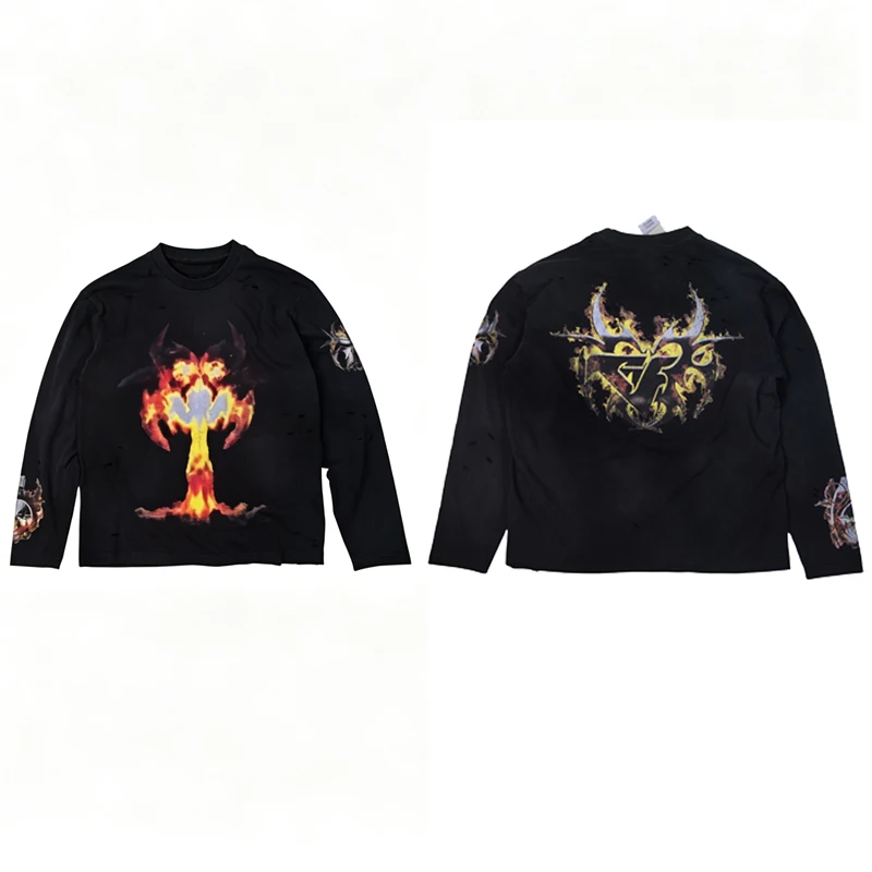 Distressed Washed Gothic Fire Graphic Long Sleeve Tee High‑Quality Vintage Loose‑Fit Casual Top T-Shirt
