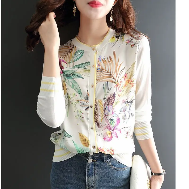 Women\'s Spring Autumn Fashion Round Neck Printed Button Splice Casual Versatile Long Sleeve Loose Sweater Knitted Cardigan Tops