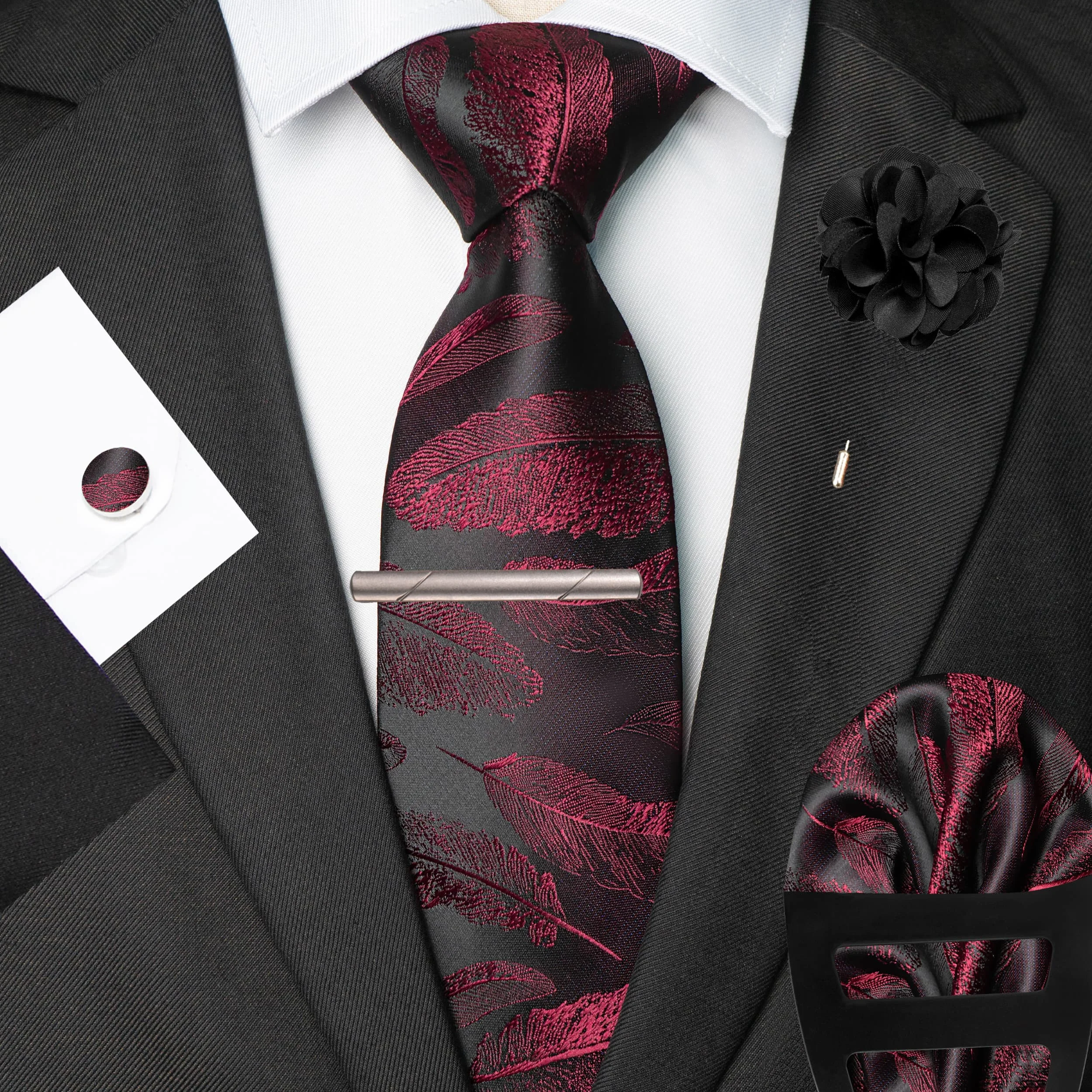 Exclusively Designed Latest Feather-Patterned High-End Men's Business Tie Set: Pocket Square, Tie Clip, Cufflinks, Brooch, Scarf Holder, Suitable for Weddings, Parties, Business Casual, Versatile