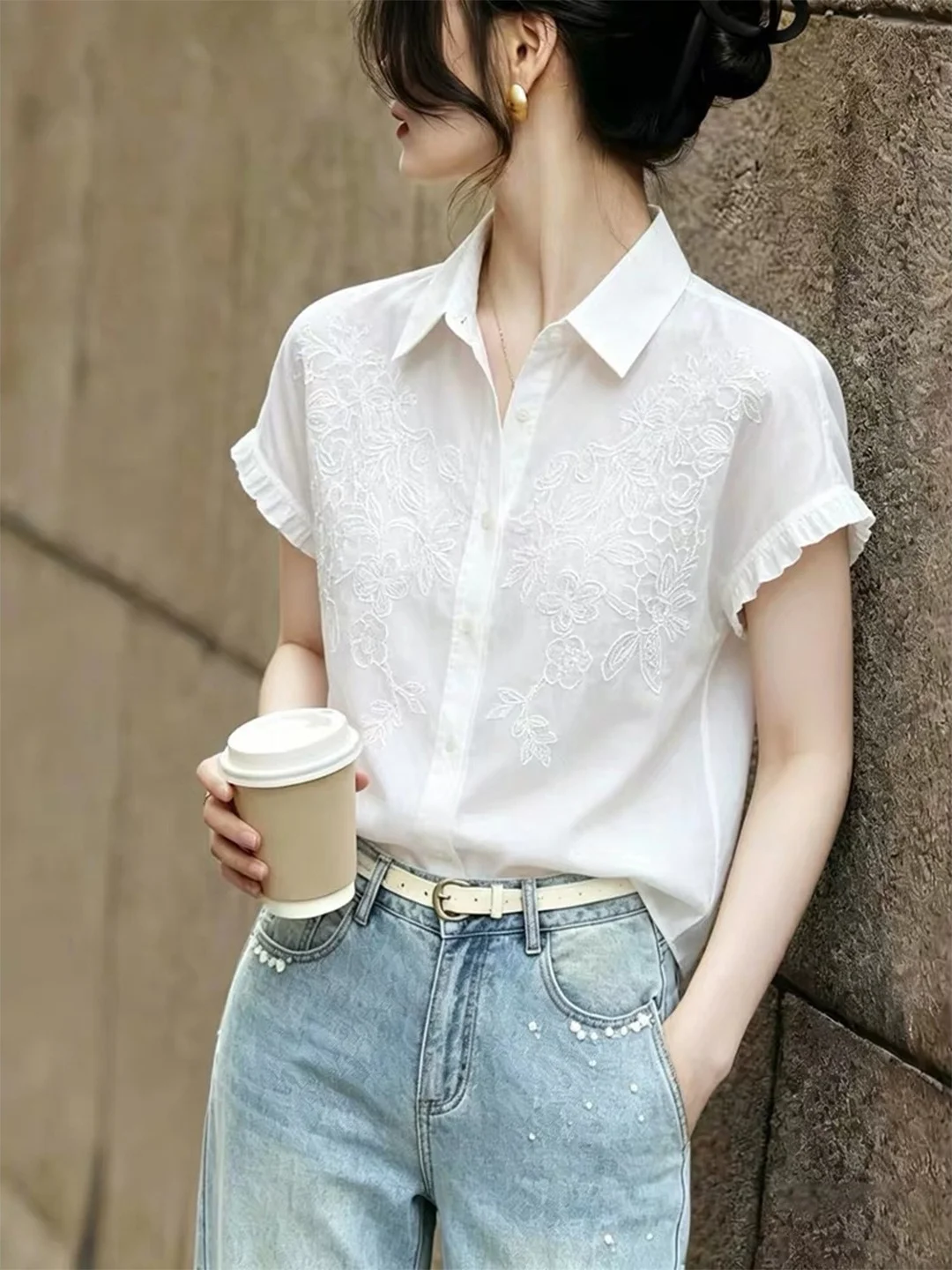 

Korean Style Single Button Short Sleeve Neck Shirt Women's Fashionable Summer New Arrival Shirt Casual Commute Style