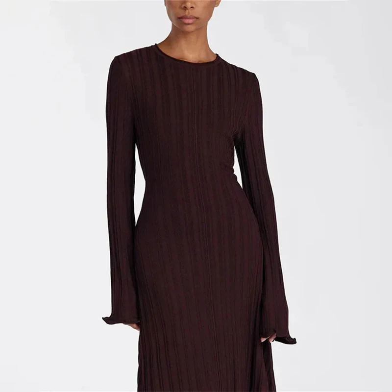 Knitwear Fashion Loose Maxi Dress Women Lace-Up High Waist Ribbed Long Sleeve Party Dress Female Knit Bandage Long Dress 2024