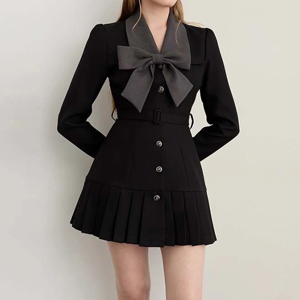 

Belt With Lining] Autumn And Winter New Women's Bow Waist Short Pure Desire Wind Dress Women's