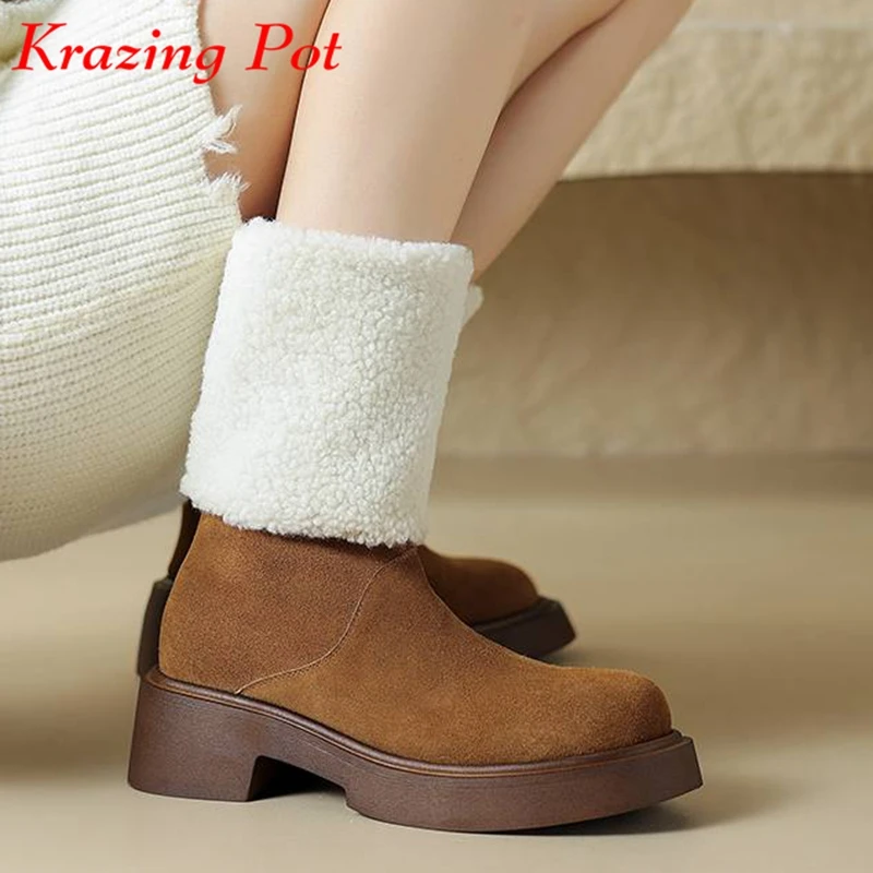 

Krazing Pot 2024 Cow Suede Brand Shoes Fur Round Toe Med Heels Snow Boots Winter Warm High Street Fashion Modern Mid-calf Boots