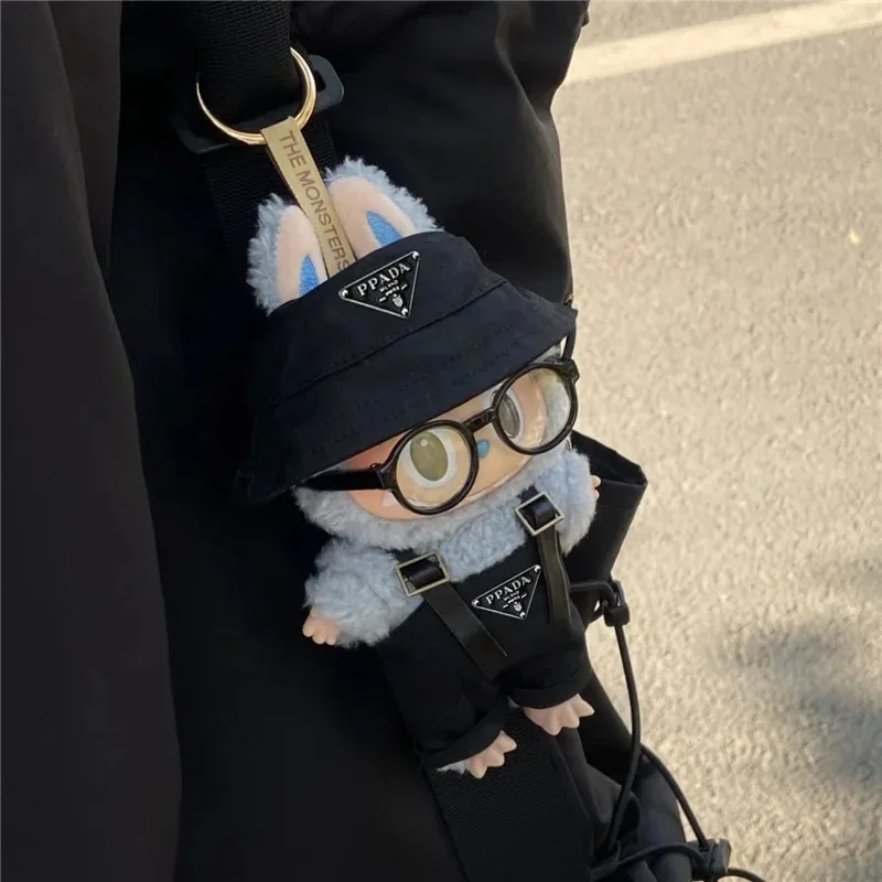 15 17 cm Für Labubu Puppe Kleidung Luxus Invertiert Triangel Retro Fischer Hut Overalls Gläser Kleidung Sitzen Party Zubehör