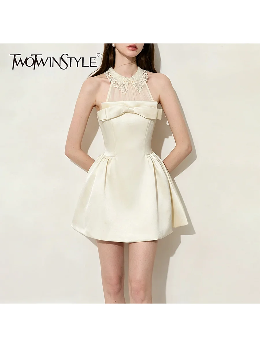 

TWOTWINSTYLE Patchwork Bow Sweet Dresses for Women Lapel Sleeveless High Waist Spliced Mesh A Line Dress Female Fashion Clothing