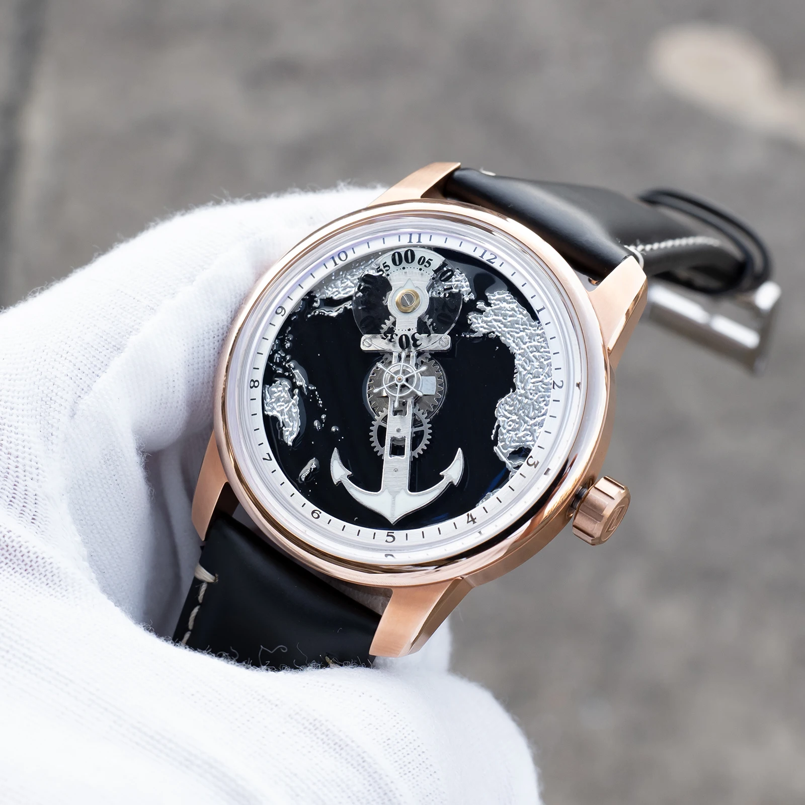 OBLVLO Creative Navigator Map Dial Men's Automatic Watch Fashion Black Dial Calfskin Waterproof Mechanical Timepiece Rejos JM-SS