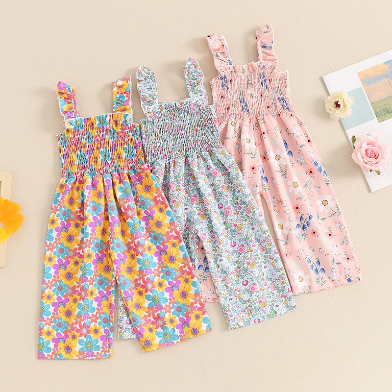 0-4Y Toddler Baby Girl Summer Outfit Ruffle Sleeveless Romper Smocked Floral Jumpsuit Playsuit Suspender Pants Kids Overalls