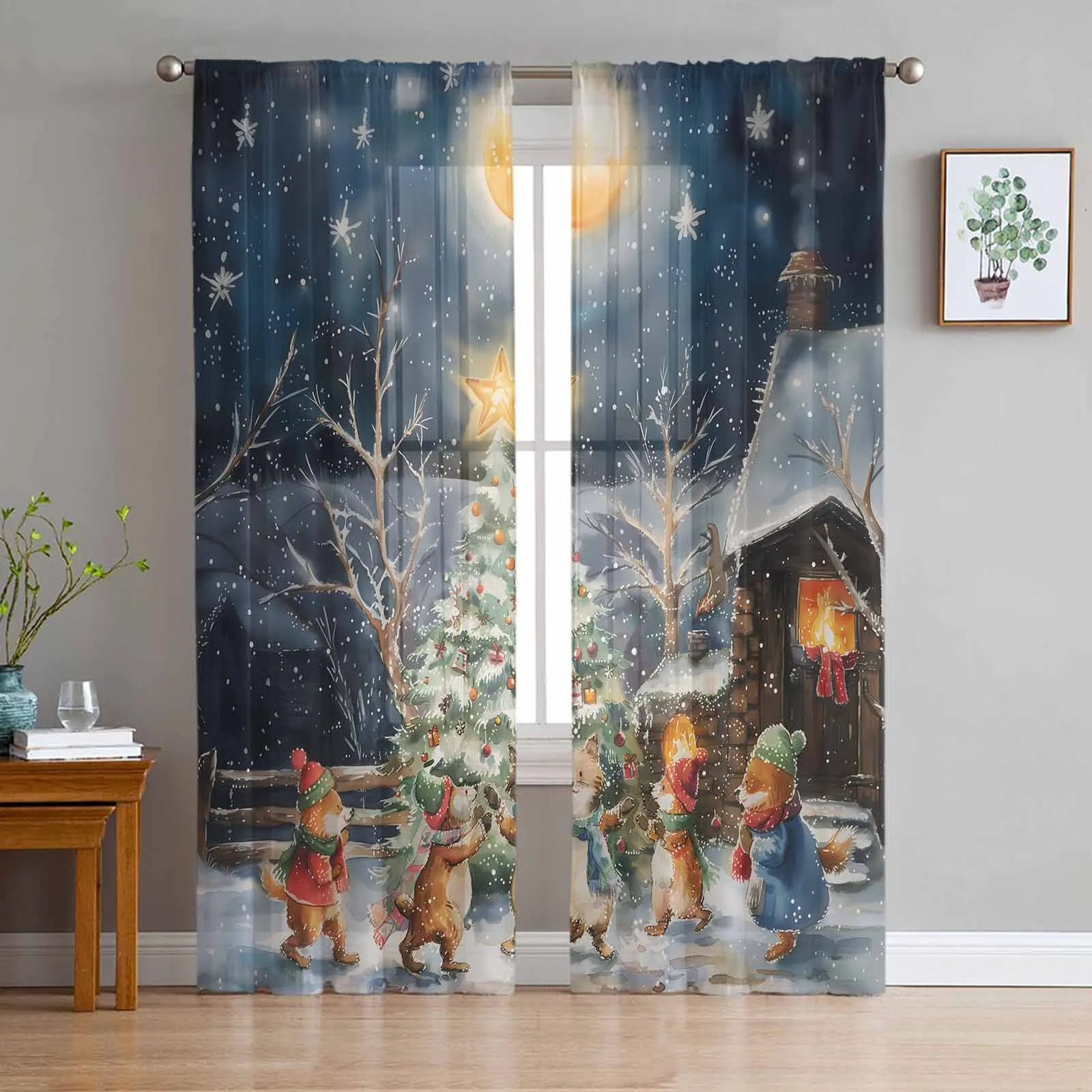 Christmas Tree Colorful Forest Moon Bonfire Animals Window Treatment Tulle Modern Sheer Curtains for Living Room Curtains Decor