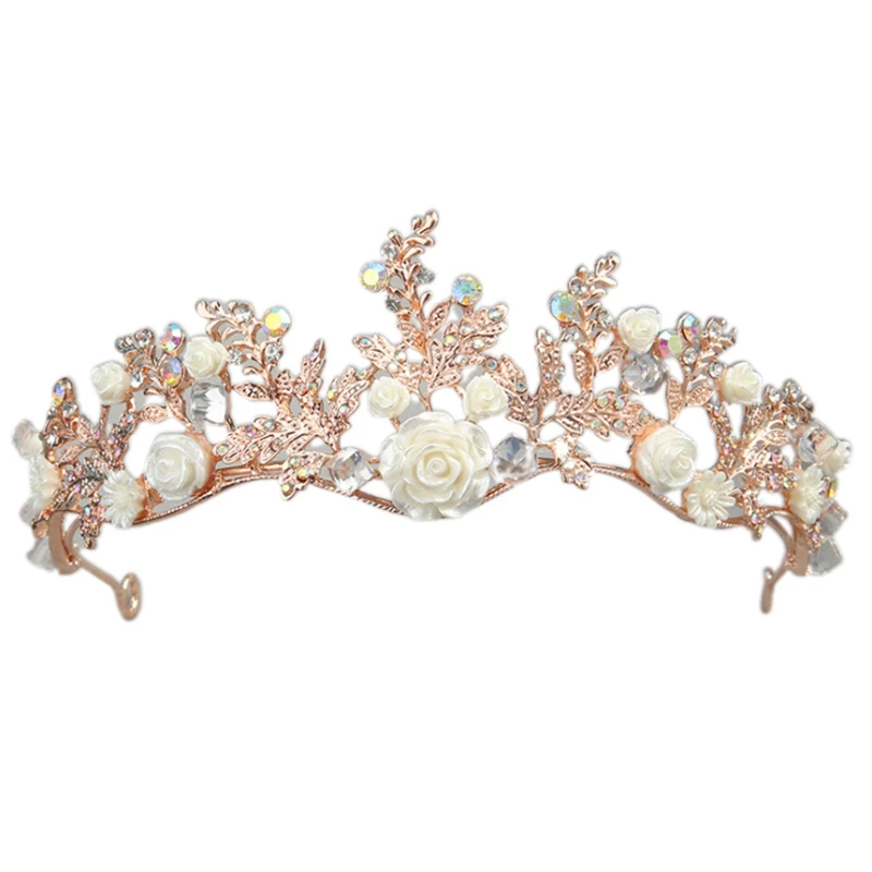 1Pc European Rose Crystal Tiara Gold Wedding Crown Baroque Rhinestone Bridal Hair Ornament Crown Headband