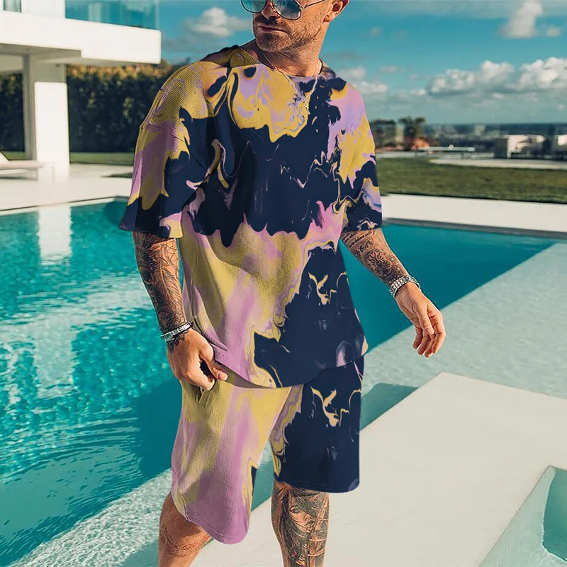 Men's Beach Sets 3D Printing Short Sleeve Shorts Two-piece Abstract Painted T-Shirt Suit Men's and Women's oversized Casual sets