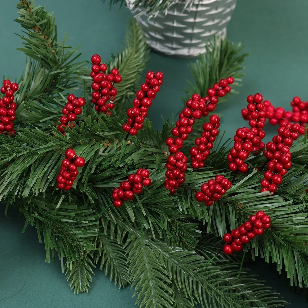 60/1pcs Artificial Red Berries Branches Christmas Holly Berry Stamen Plants Flowers Wreath Xmas Tree Ornaments Party Home Decor