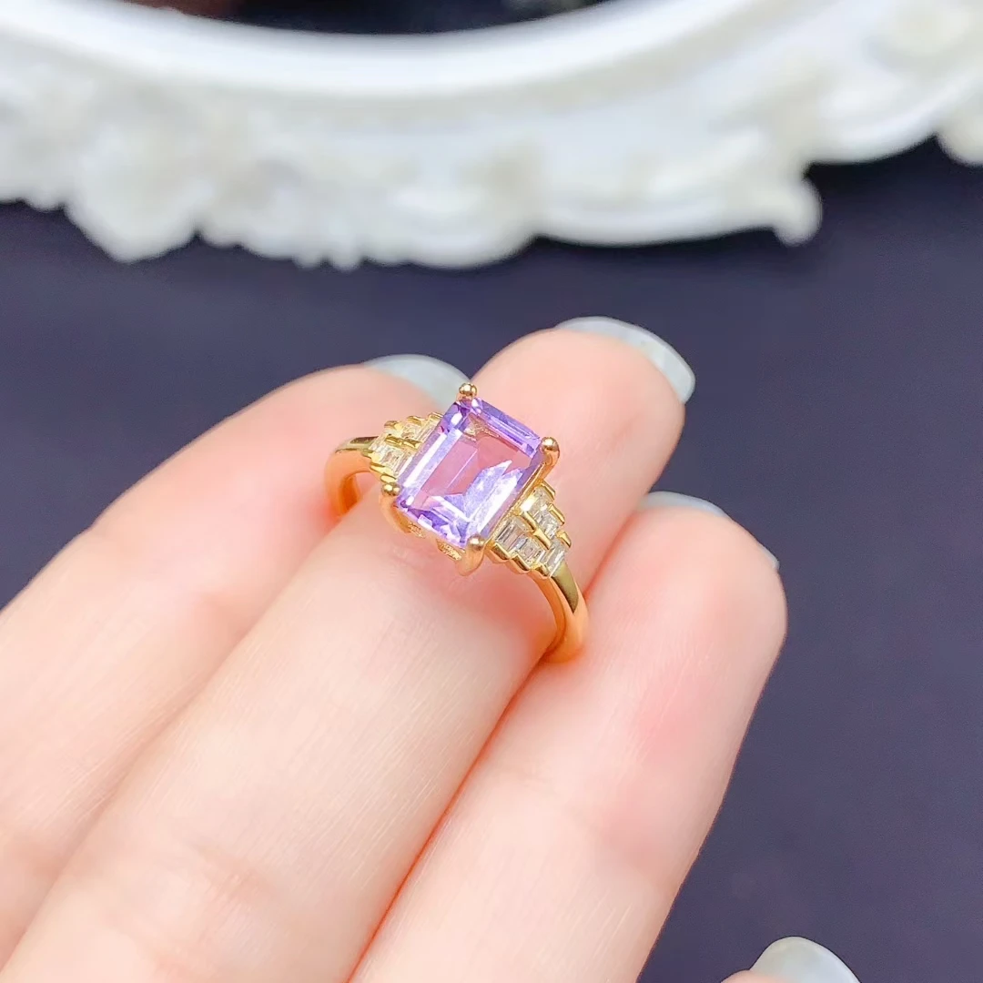 18K مطلية بالذهب جمشت الدائري 1.2ct 6 مللي متر * 8 مللي متر VVS الصف الجمشت الطبيعي خاتم فضة للنساء مكتب 925 الفضة كريستال مجوهرات