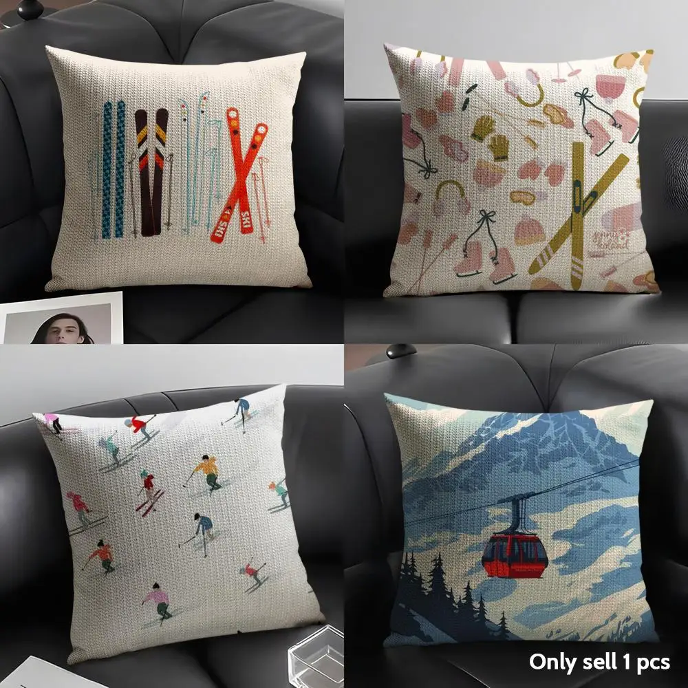 Ski Resort Prop Cushion Cover Natural Linen Organic Fabric Double-Sided Printing Sofa Home Decor Gift Pillow Case