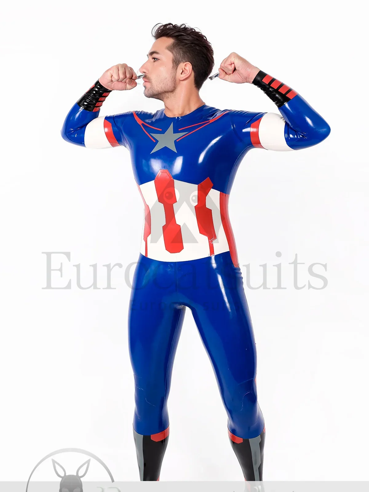 latex catsuits men eurocat suits rubber customised wear Male 'American Hero' Latex Neck Entry Cosplay  With Feet