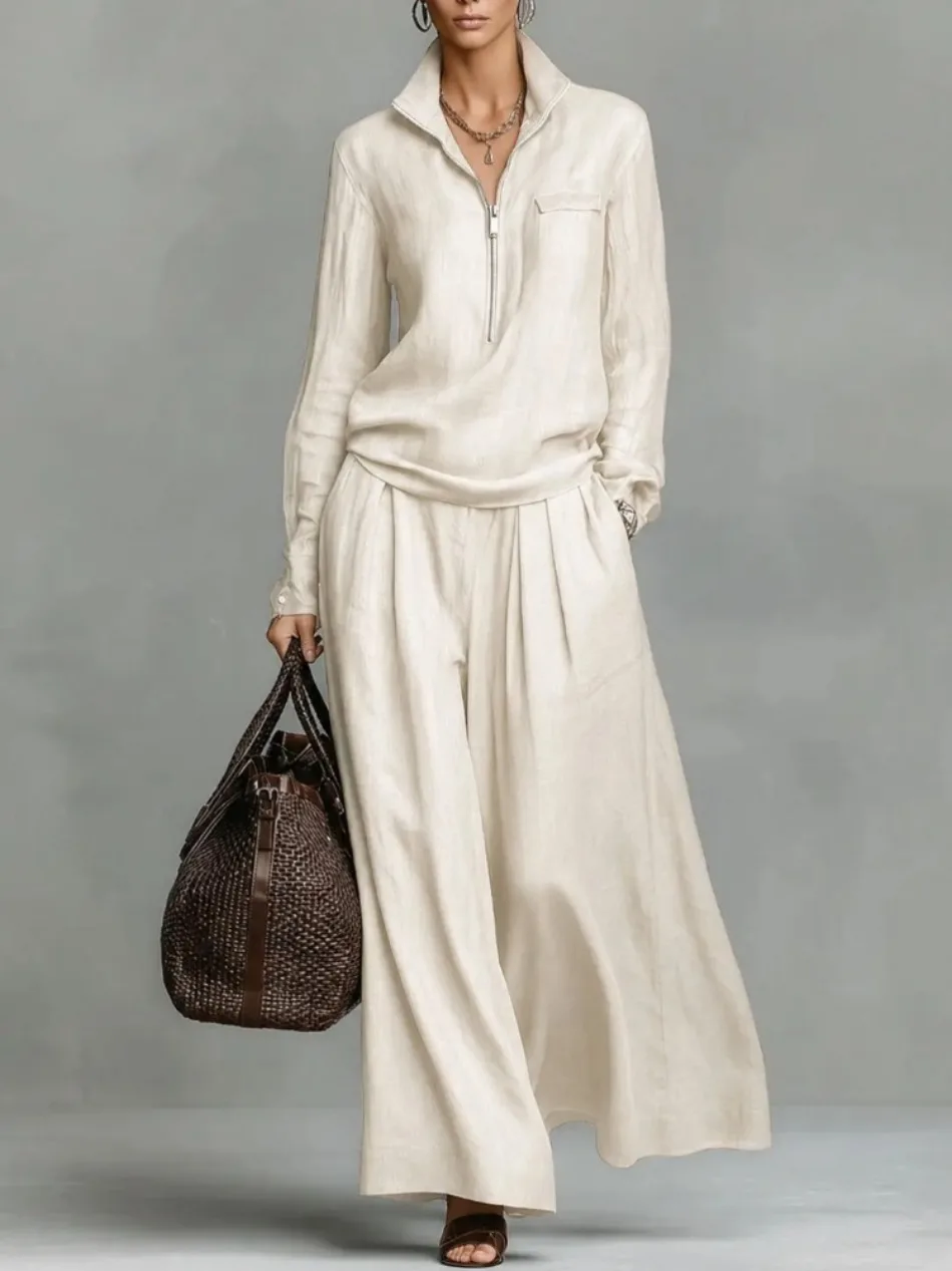 Elegantes, solides, lockeres zweiteiliges Set, modischer Pullover mit Revers und Reißverschluss & weit geschnittene Hose, Damen-Freizeitoutfit mit langen Ärmeln. – Detail 8