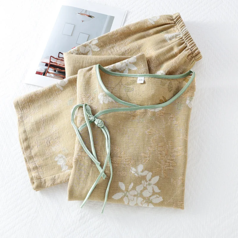 2025 ฤดูใบไม้ผลิ/ฤดูร้อนใหม่ผู้หญิงชุดนอนชุดไม้ไผ่เส้นใยเจ็ดขาและเก้าขากางเกง 2 W ชิ้นเสื้อผ้าสุภาพสตรี