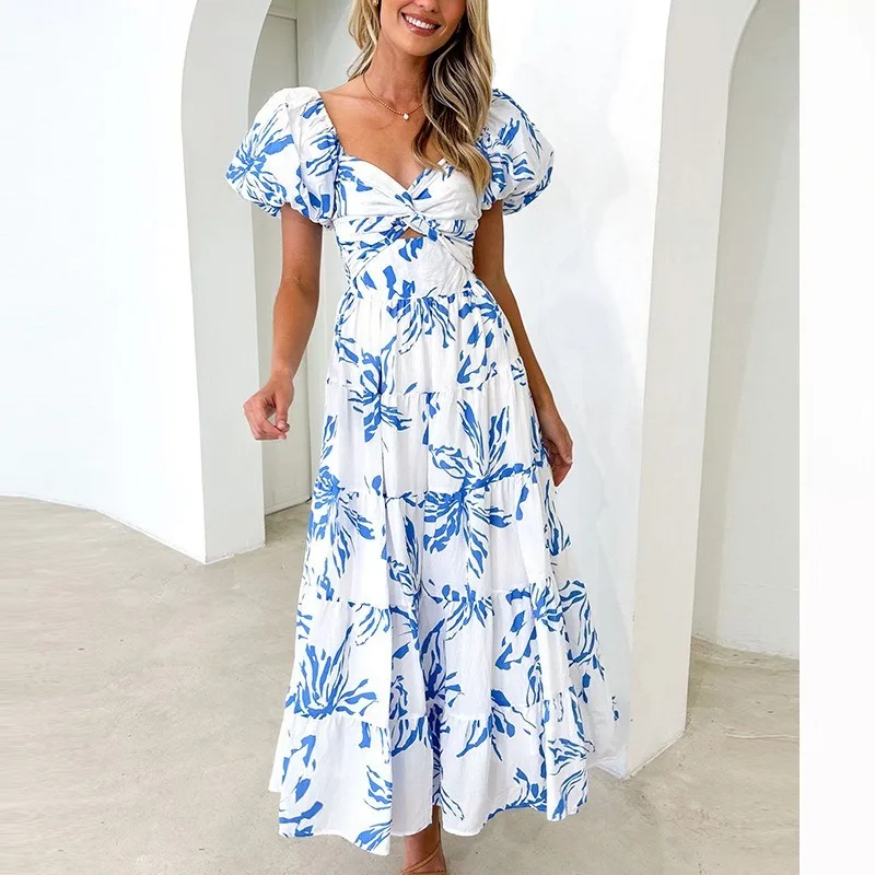 

Spring Elegant Print Long Dress Vintage High Waist Puff Sleeve Dress Lady Casual Loose Bohemia Dresses for Women 2026 Sundress