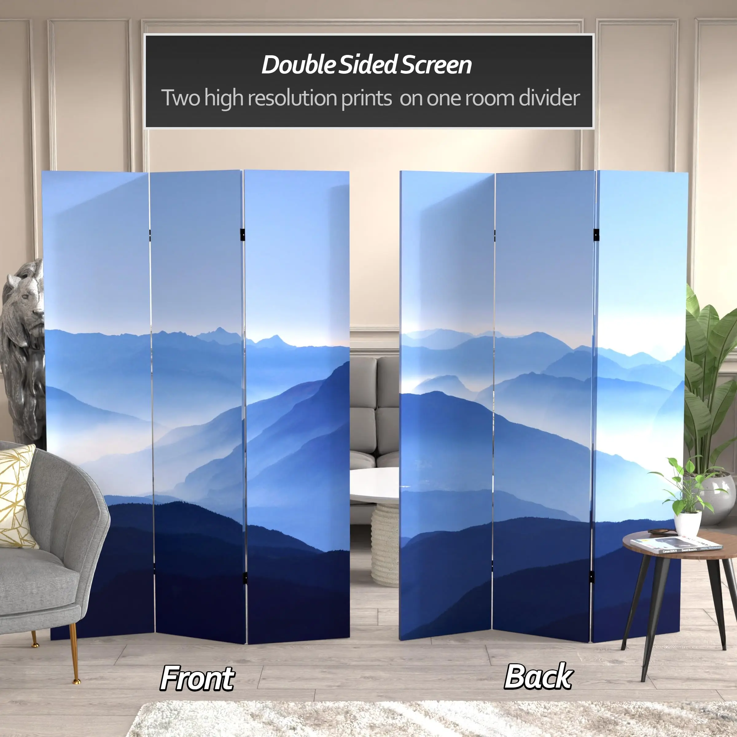 6 ft. Tall Double Sided Misty Mountain Canvas Room Divider 3 Panel Freestanding Folding Privacy Sn Partition and
